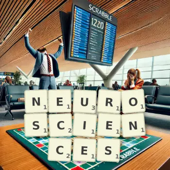 Illustration créative d'un jeu de lettres avec le mot NEUROSCIENCES épelé sur le plateau.