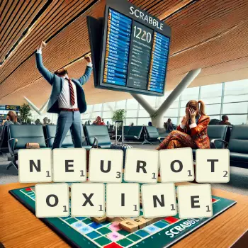 Illustration créative d'un jeu de lettres avec le mot NEUROTOXINE épelé sur le plateau.