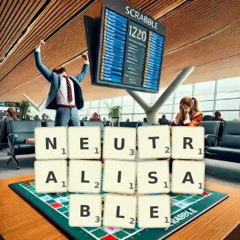 Illustration créative d'un jeu de lettres avec le mot NEUTRALISABLE épelé sur le plateau.