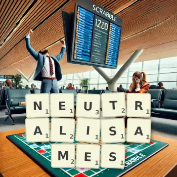 Illustration créative d'un jeu de lettres avec le mot NEUTRALISAMES épelé sur le plateau.