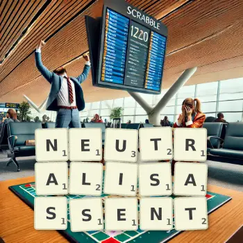 Illustration créative d'un jeu de lettres avec le mot NEUTRALISASSENT épelé sur le plateau.