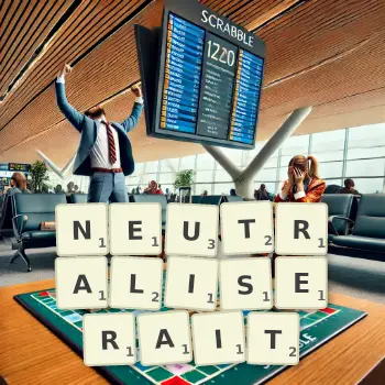 Illustration créative d'un jeu de lettres avec le mot NEUTRALISERAIT épelé sur le plateau.