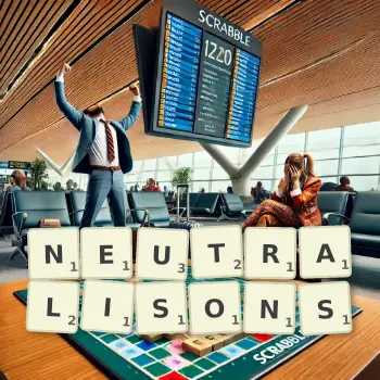 Illustration créative d'un jeu de lettres avec le mot NEUTRALISONS épelé sur le plateau.