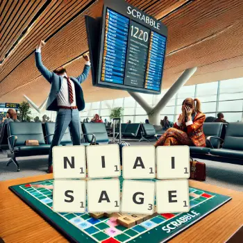 Illustration créative d'un jeu de lettres avec le mot NIAISAGE épelé sur le plateau.