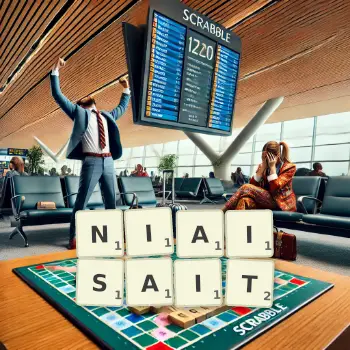 Illustration créative d'un jeu de lettres avec le mot NIAISAIT épelé sur le plateau.
