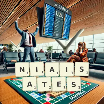 Illustration créative d'un jeu de lettres avec le mot NIAISATES épelé sur le plateau.