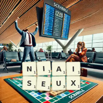 Illustration créative d'un jeu de lettres avec le mot NIAISEUX épelé sur le plateau.