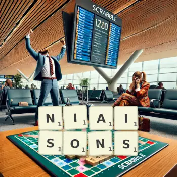 Illustration créative d'un jeu de lettres avec le mot NIAISONS épelé sur le plateau.