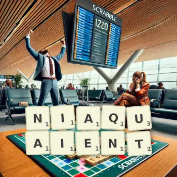 Illustration créative d'un jeu de lettres avec le mot NIAQUAIENT épelé sur le plateau.