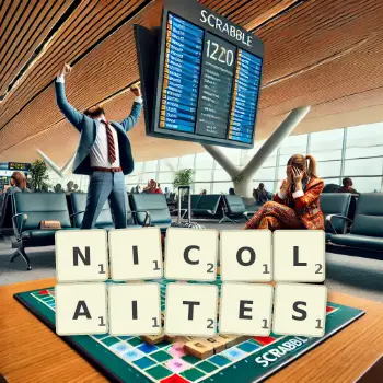 Illustration créative d'un jeu de lettres avec le mot NICOLAITES épelé sur le plateau.
