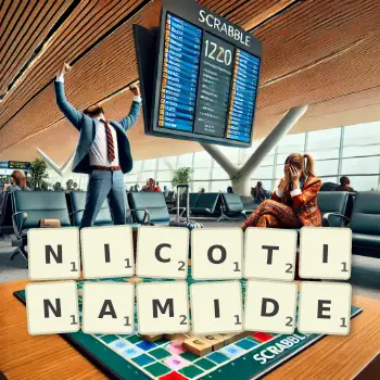 Illustration créative d'un jeu de lettres avec le mot NICOTINAMIDE épelé sur le plateau.