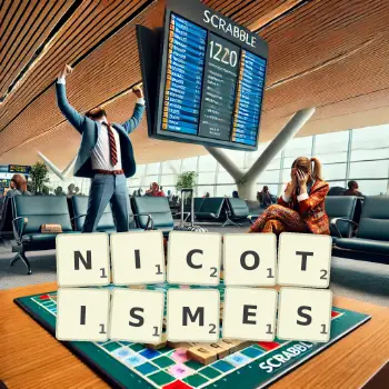 Illustration créative d'un jeu de lettres avec le mot NICOTISMES épelé sur le plateau.