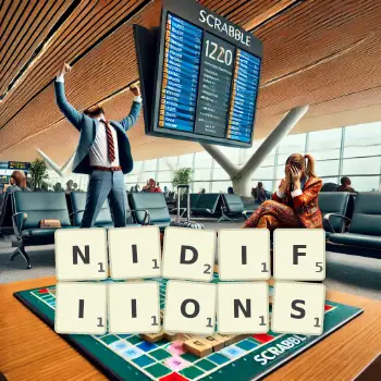 Illustration créative d'un jeu de lettres avec le mot NIDIFIIONS épelé sur le plateau.