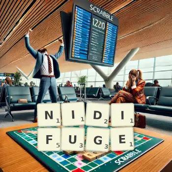 Illustration créative d'un jeu de lettres avec le mot NIDIFUGE épelé sur le plateau.