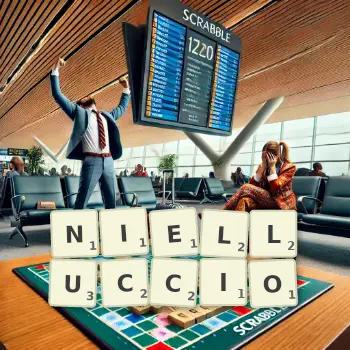 Illustration créative d'un jeu de lettres avec le mot NIELLUCCIO épelé sur le plateau.