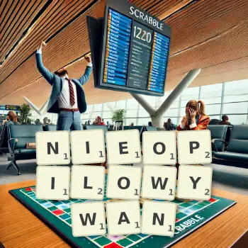 Illustration créative d'un jeu de lettres avec le mot NIEOPILOWYWAN épelé sur le plateau.