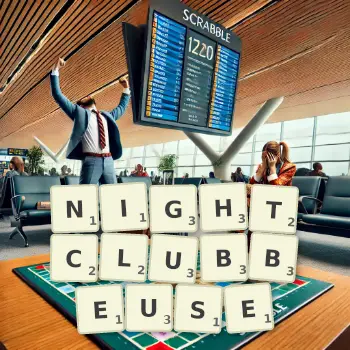 Illustration créative d'un jeu de lettres avec le mot NIGHTCLUBBEUSE épelé sur le plateau.