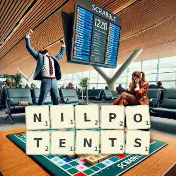 Illustration créative d'un jeu de lettres avec le mot NILPOTENTS épelé sur le plateau.