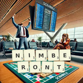 Illustration créative d'un jeu de lettres avec le mot NIMBERONT épelé sur le plateau.