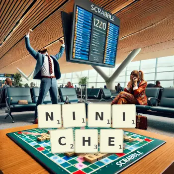 Illustration créative d'un jeu de lettres avec le mot NINICHE épelé sur le plateau.