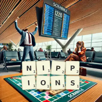 Illustration créative d'un jeu de lettres avec le mot NIPPIONS épelé sur le plateau.