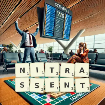 Illustration créative d'un jeu de lettres avec le mot NITRASSENT épelé sur le plateau.