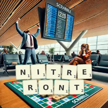 Illustration créative d'un jeu de lettres avec le mot NITRERONT épelé sur le plateau.