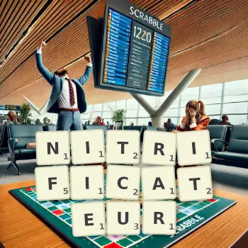 Illustration créative d'un jeu de lettres avec le mot NITRIFICATEUR épelé sur le plateau.