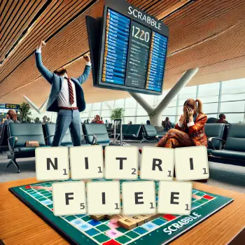 Illustration créative d'un jeu de lettres avec le mot NITRIFIEE épelé sur le plateau.