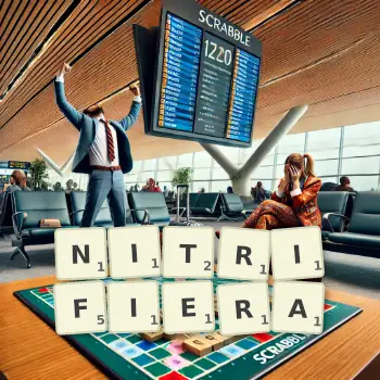 Illustration créative d'un jeu de lettres avec le mot NITRIFIERA épelé sur le plateau.