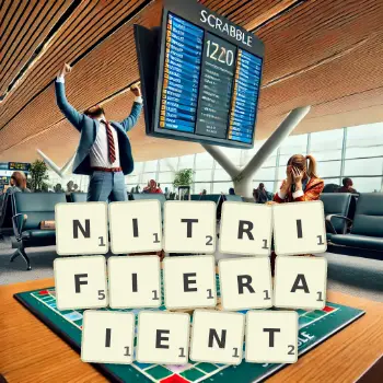 Illustration créative d'un jeu de lettres avec le mot NITRIFIERAIENT épelé sur le plateau.
