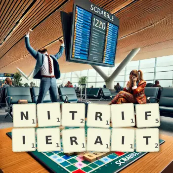 Illustration créative d'un jeu de lettres avec le mot NITRIFIERAIT épelé sur le plateau.