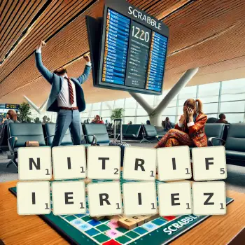 Illustration créative d'un jeu de lettres avec le mot NITRIFIERIEZ épelé sur le plateau.