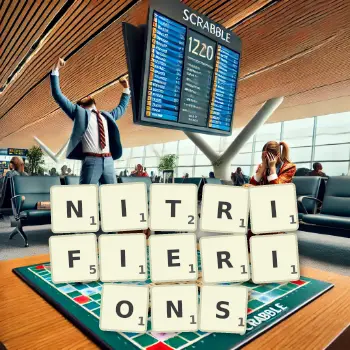 Illustration créative d'un jeu de lettres avec le mot NITRIFIERIONS épelé sur le plateau.