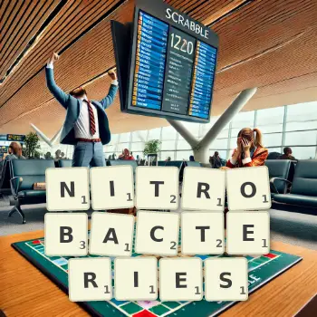 Illustration créative d'un jeu de lettres avec le mot NITROBACTERIES épelé sur le plateau.