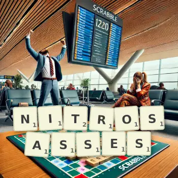 Illustration créative d'un jeu de lettres avec le mot NITROSASSES épelé sur le plateau.