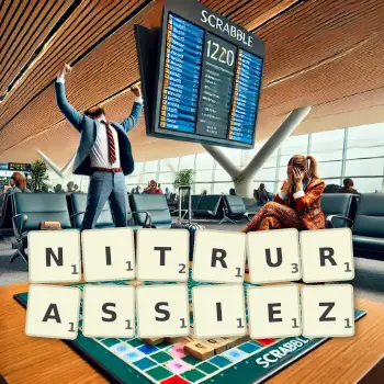 Illustration créative d'un jeu de lettres avec le mot NITRURASSIEZ épelé sur le plateau.