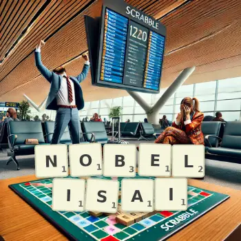Illustration créative d'un jeu de lettres avec le mot NOBELISAI épelé sur le plateau.