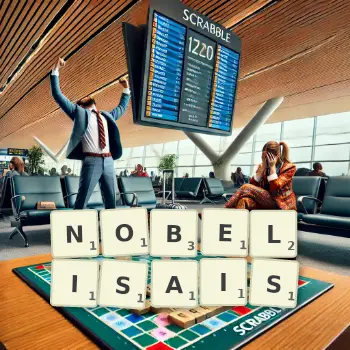 Illustration créative d'un jeu de lettres avec le mot NOBELISAIS épelé sur le plateau.