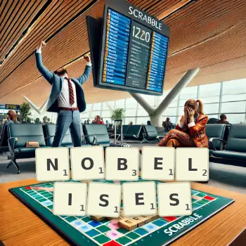 Illustration créative d'un jeu de lettres avec le mot NOBELISES épelé sur le plateau.