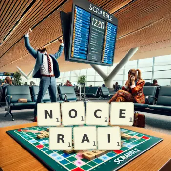 Illustration créative d'un jeu de lettres avec le mot NOCERAI épelé sur le plateau.