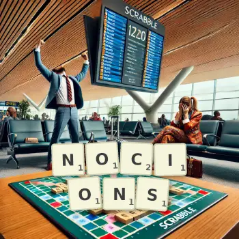 Illustration créative d'un jeu de lettres avec le mot NOCIONS épelé sur le plateau.
