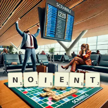 Illustration créative d'un jeu de lettres avec le mot NOIENT épelé sur le plateau.