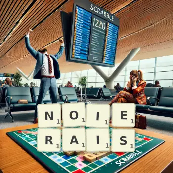 Illustration créative d'un jeu de lettres avec le mot NOIERAIS épelé sur le plateau.