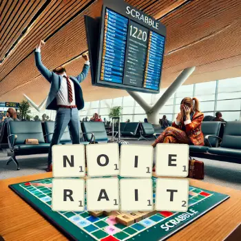 Illustration créative d'un jeu de lettres avec le mot NOIERAIT épelé sur le plateau.