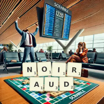Illustration créative d'un jeu de lettres avec le mot NOIRAUD épelé sur le plateau.