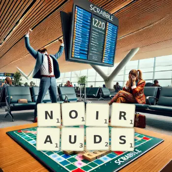Illustration créative d'un jeu de lettres avec le mot NOIRAUDS épelé sur le plateau.