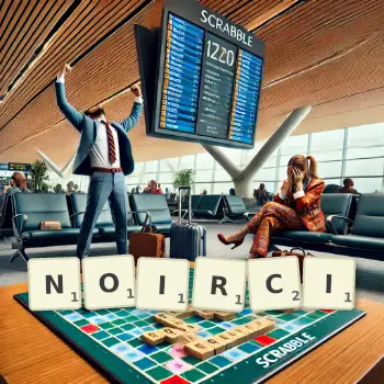 Illustration créative d'un jeu de lettres avec le mot NOIRCI épelé sur le plateau.