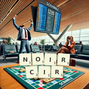 Illustration créative d'un jeu de lettres avec le mot NOIRCIR épelé sur le plateau.