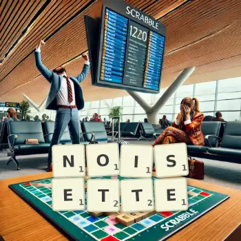 Illustration créative d'un jeu de lettres avec le mot NOISETTE épelé sur le plateau.